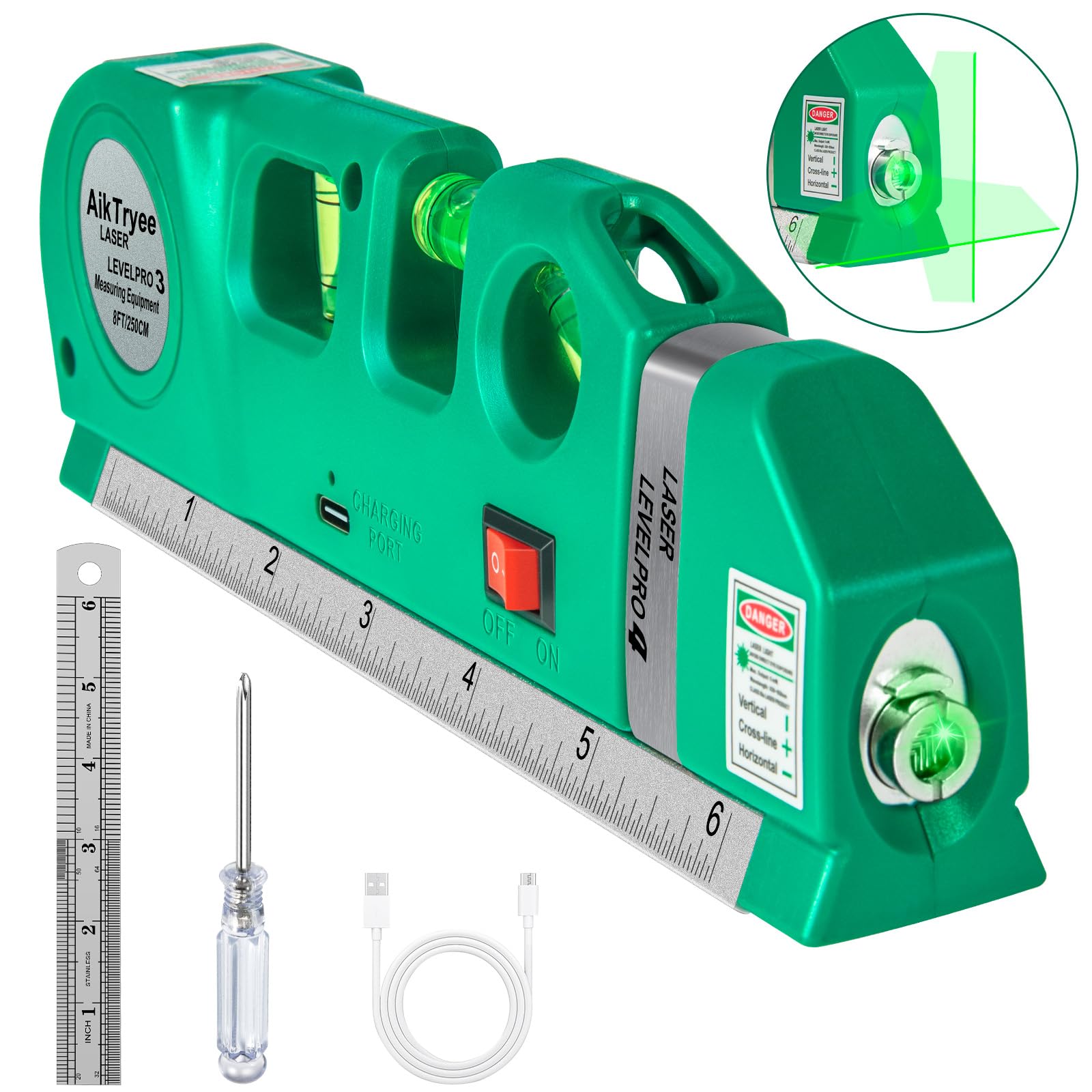 Level Tool Laser Level Leveler tool Cross Line Vertical and Horizontal Line with USB Rechargeable for Picture Hanging cabinets Tile Walls by AikTryee. view 8
