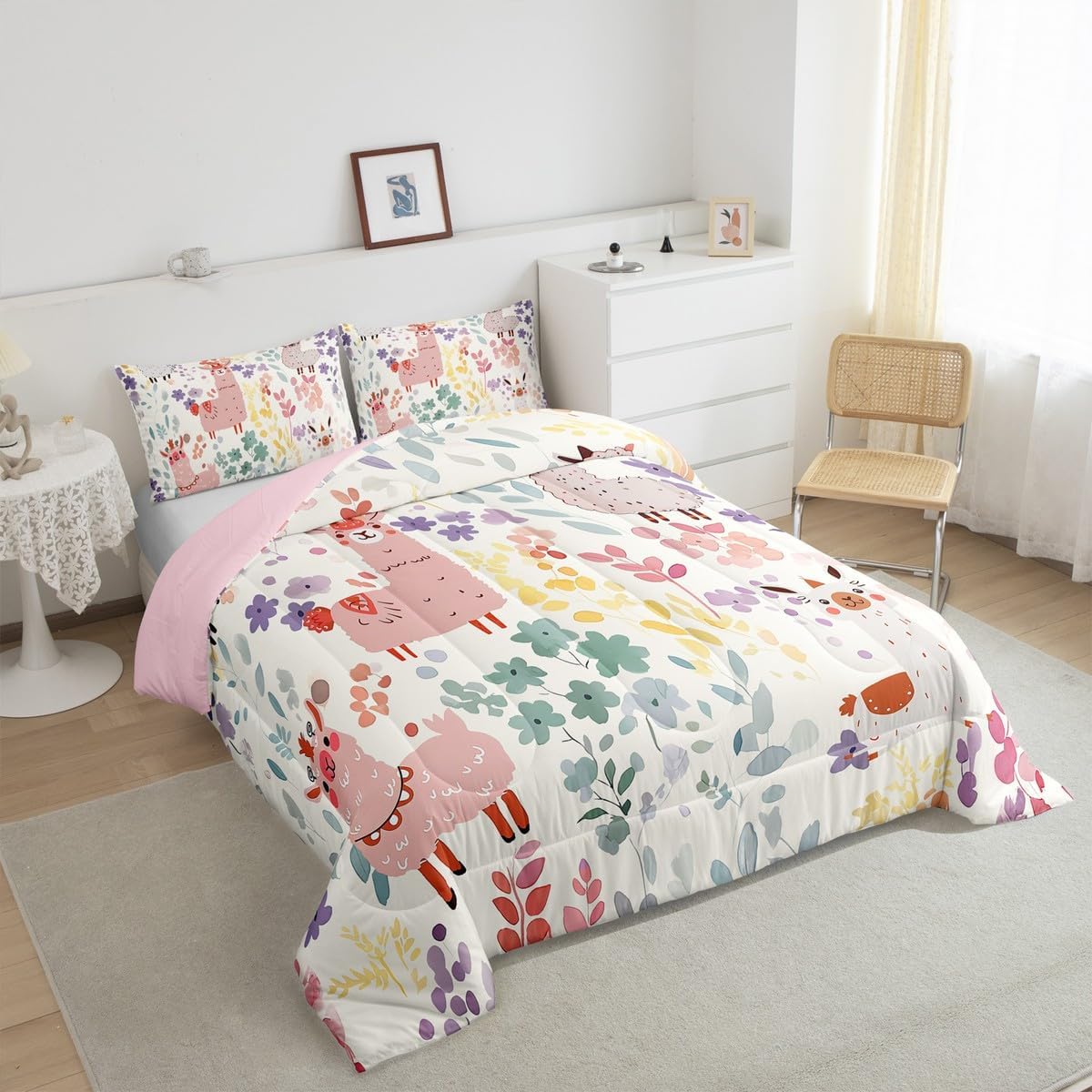 Erosebridal Kawaii Llama Toddler Bedding Set,Cartoon Alpaca Floral Comforter Set for Kids Girls Boys,Cute Colorful Flower Quilt Bed Set Animal Print Flowers Down Comforter with 1 Pillowcase image 4