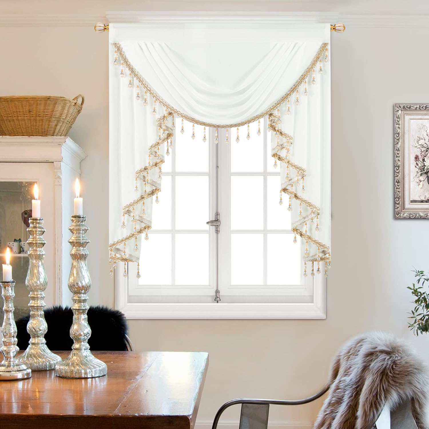 Leeva Luxury Sheer Valance with Beaded Tassels - Vintage White Waterfall Swag Window Curtain for Bedroom & Living Room, Decorative Short Drapes, 39