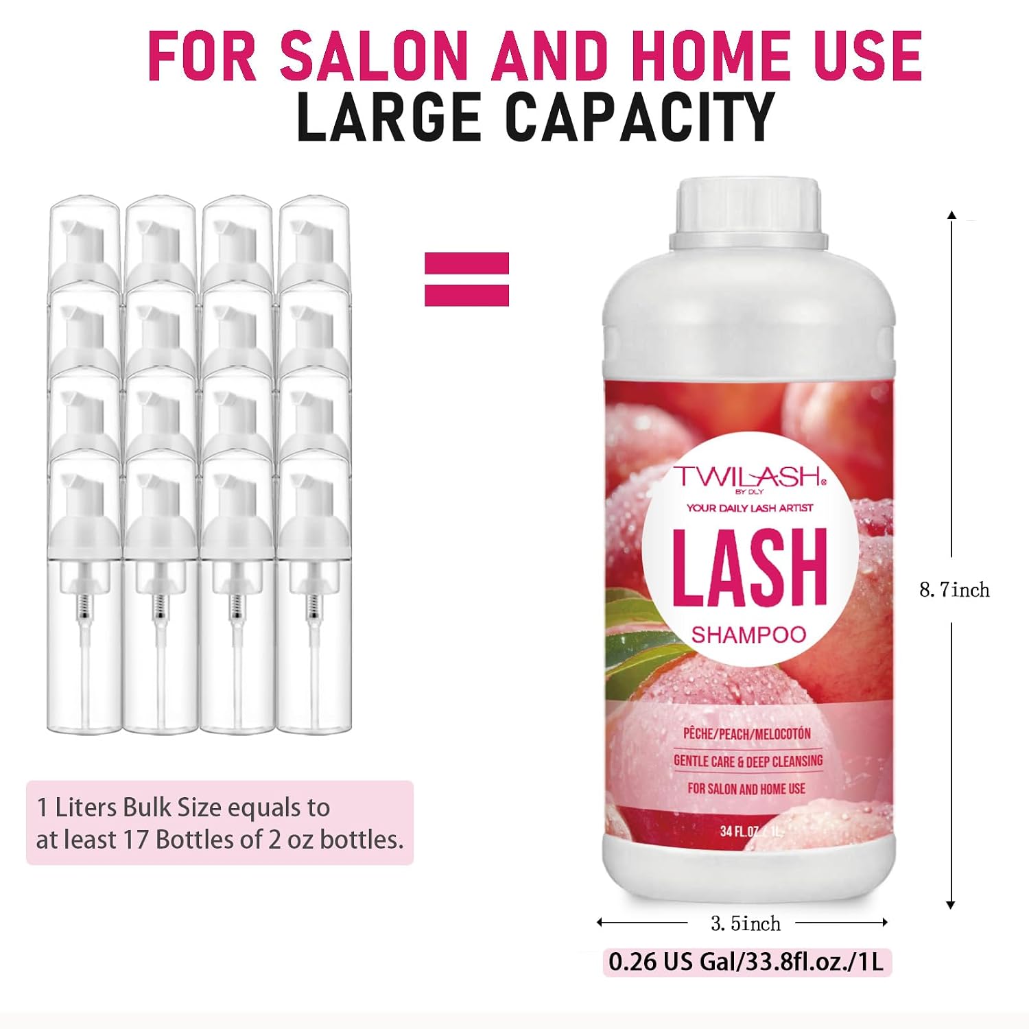 Lash Shampoo Bulk, Eyelash Cleanser for Extensions 1 Liter, Safe Makeup Remover, Non-irritating or Burning Formula Eyelid Foaming Cleanser for Professional Salon and Home Use (Peach-1L)