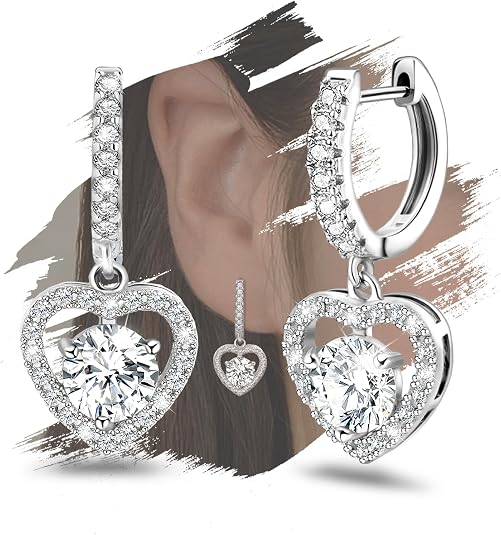 Heart Dangle Hoop Earrings Silver - Sterling Silver Heart Shaped Earrings for Women Love Earrings Hypoallergenic Cubic Zirconia Hollow Huggie Earrings for Her Gifts