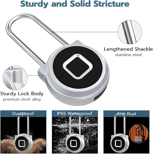 Miniatura 5 de Cerradura de huellas dactilares, candado biométrico inteligente de 2.1 pulgadas de largo, candado biométrico inteligente sin llave, biométrico