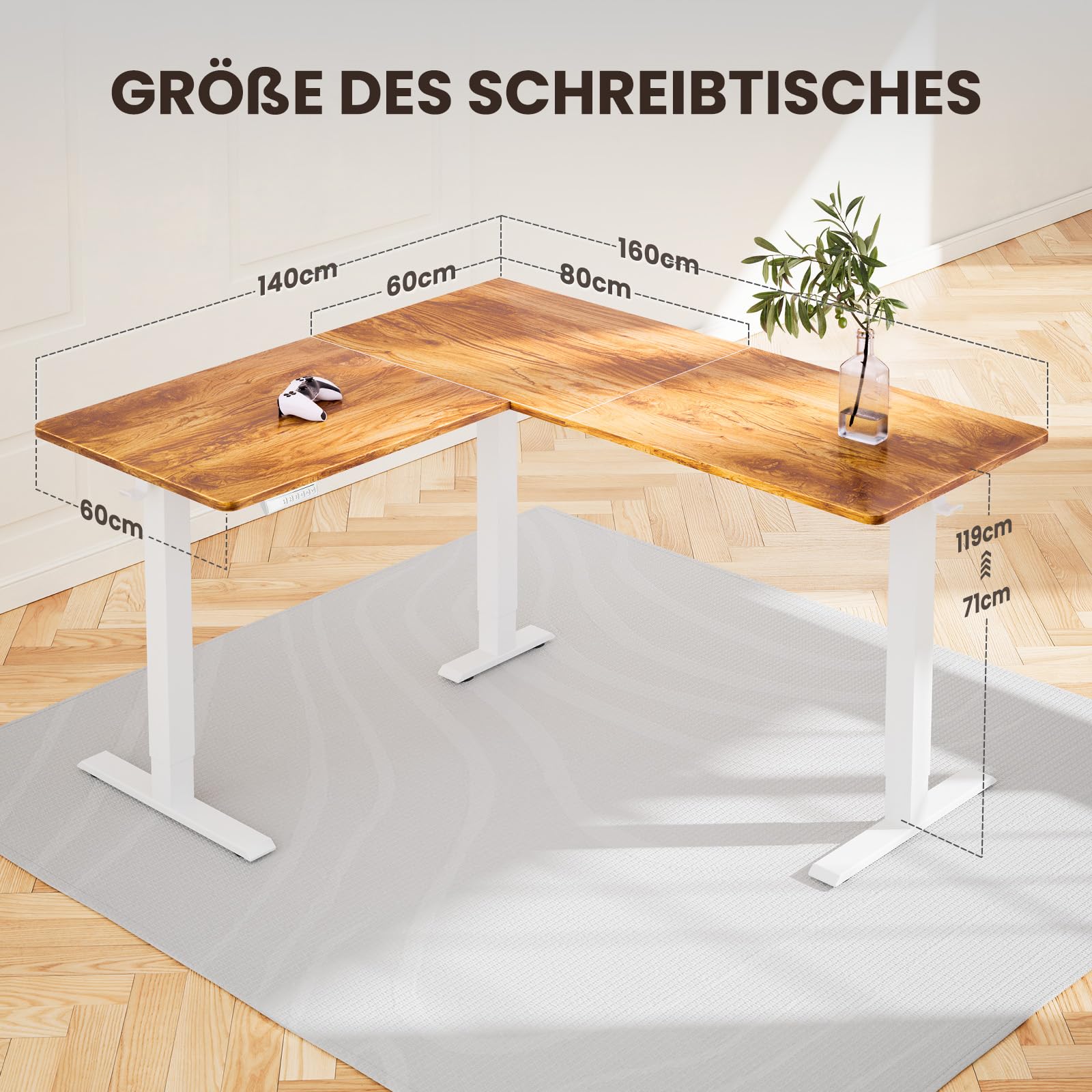 ErGear Elektrisch Höhenverstellbarer Schreibtisch L Form 160 x 140cm, L Förmiger Schreibtisch mit Einzelmotor, Eckschreibtisch Höhenverstellbar mit 4-Memory-Steuerung