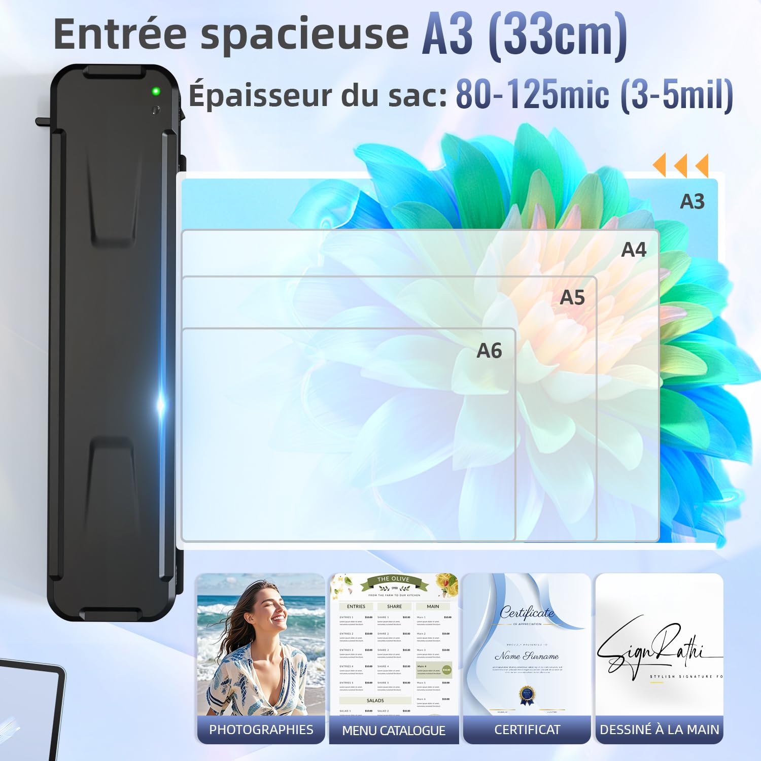 MAXDONE Plastifieuse A3, Plastifieuse, Thermique et à Froid Plastifieuse A3 A4 A5 A6, Pour pochettes de plastification Arrondisseur De Coins, Coupe Papier, 1-2 min Préchauffage Rapide & Pas De Bulles