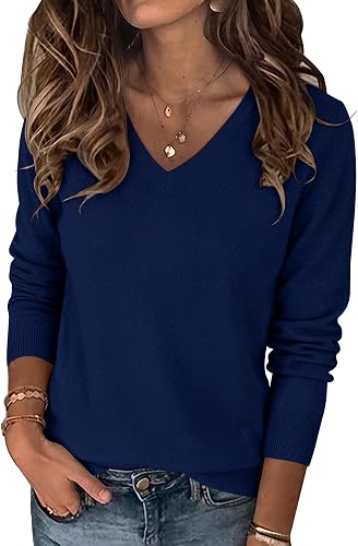 LOMON Womens Wool Blend Sweaters Long Sleeve Tops V Neck Knit Shirts Fall,