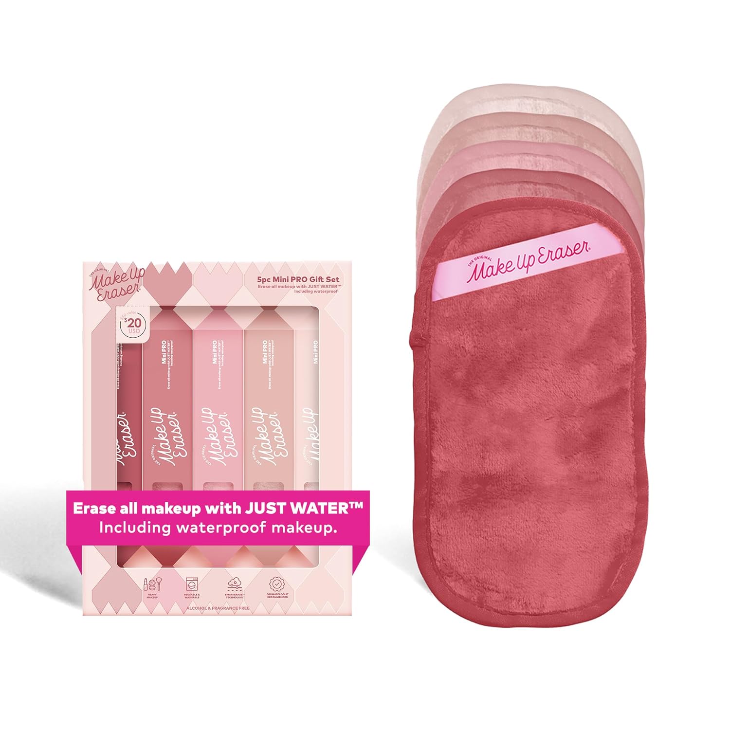 The Original MakeUp Eraser Mini PRO 5pk Gift Set, Erase All Makeup With Just Water, Including Waterproof Mascara, Eyeliner, Foundation, Lipstick, Sunscreen, and More! Blush, 5ct. The Original MakeUp Eraser Mini PRO 5pk Gift Set, Erase All Makeup With Just Water, Including Waterproof Mascara, Eyeliner, Foundation, Lipstick, Sunscreen, and More! Blush, 5ct.