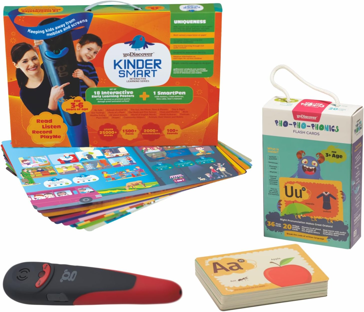 goDiscover Kinder Smart Kit with 18 Interactive Learning Posters and 36 Phonics Flash Cards with Talking Pen | Educational Toys for Children Early Learning Activity and Fun Skill Development for Kids