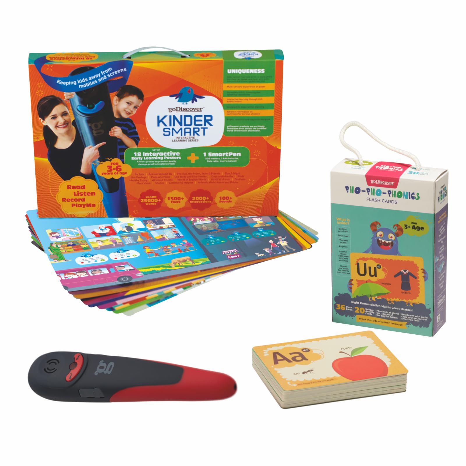 goDiscover Kinder Smart Kit with 18 Interactive Learning Posters and 36 Phonics Flash Cards with Talking Pen | Educational Toys for Children Early Learning Activity and Fun Skill Development for Kids