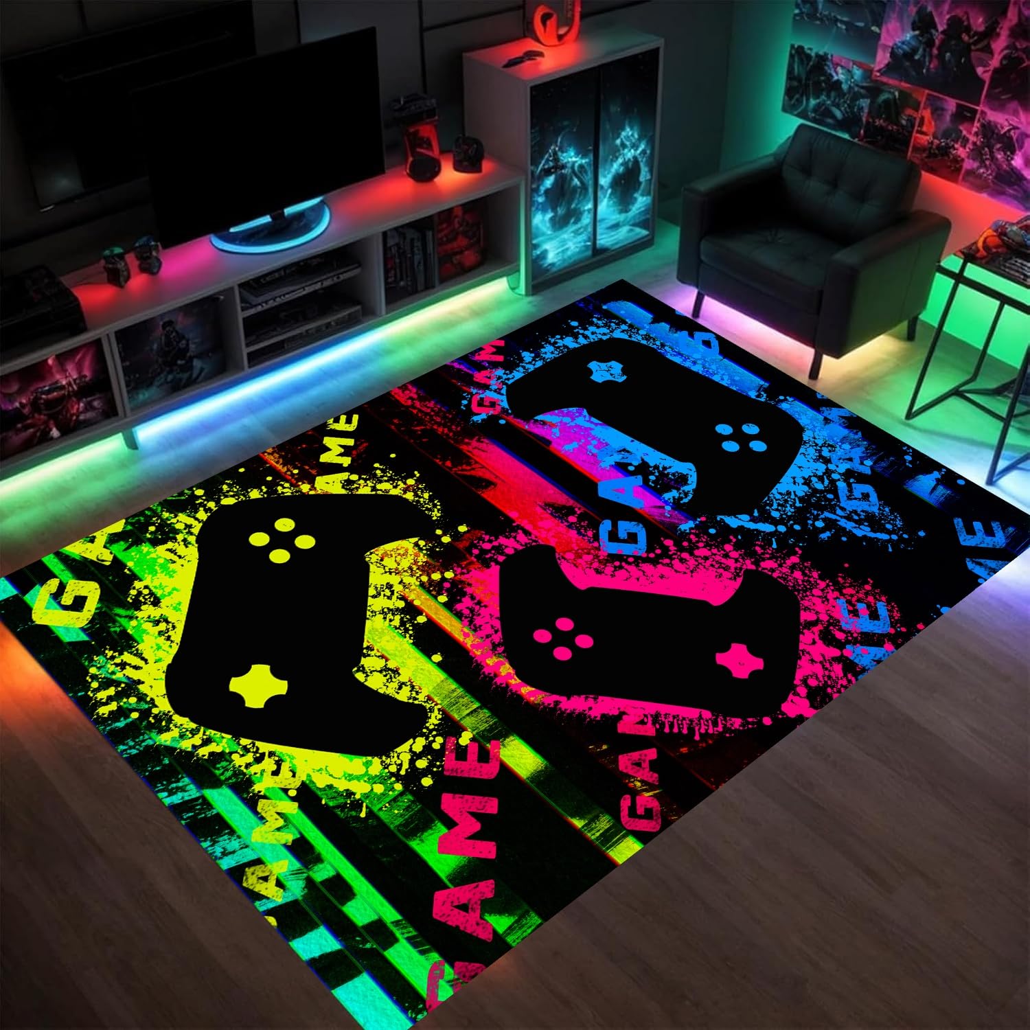 HONGXIU 140x200 Cm Gaming Area Rug for Boys Room, Colorful Game Controller Carpet for Gamer Room Decor, Low Pile Non-Slip Video Game Rug for Teens Playroom Or Game Zone