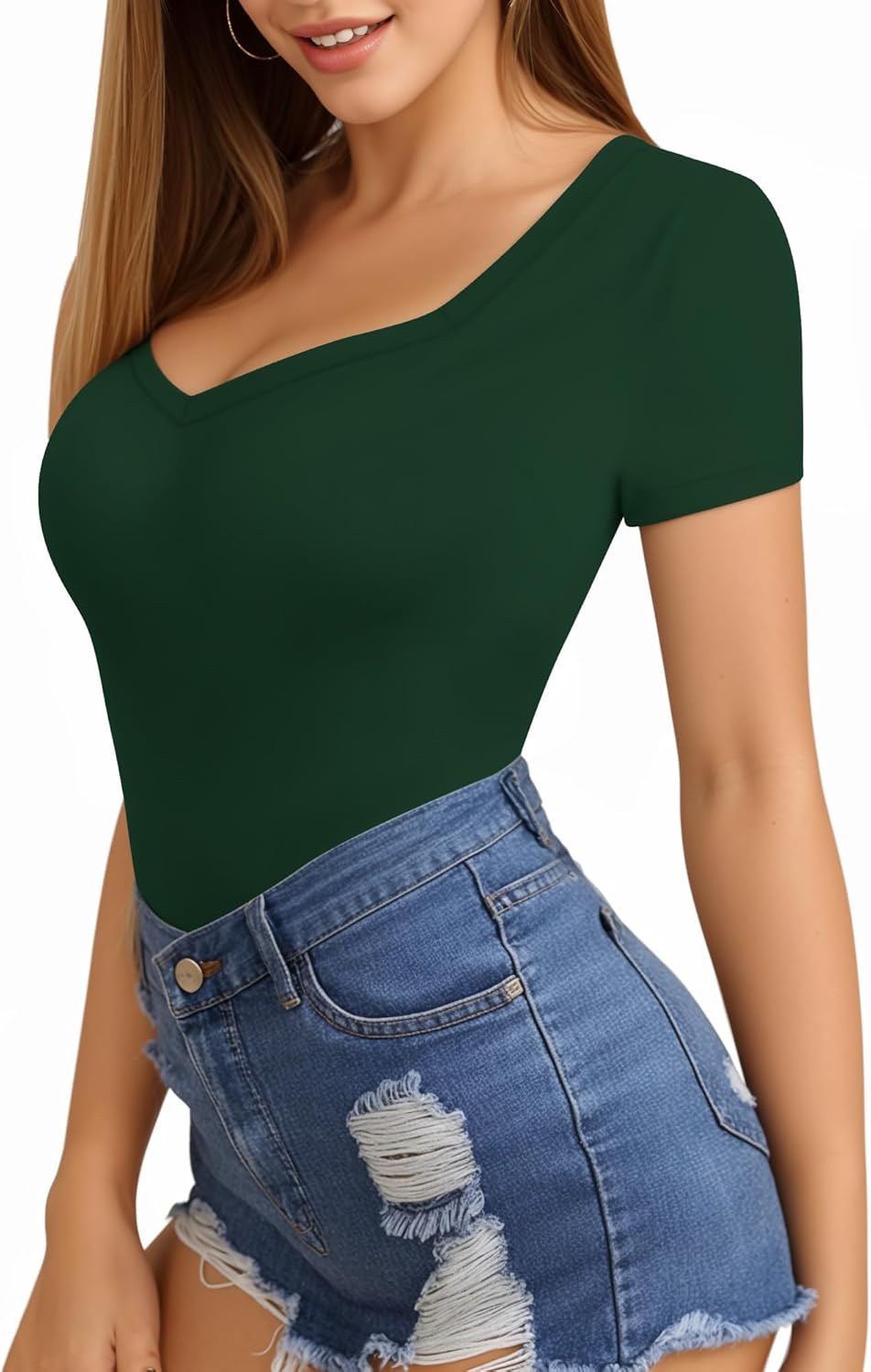 MANGOPOP Sweetheart V Neck Bodysuits for Women Long Short Sleeve Body Suits Tops Shirt - Image 2