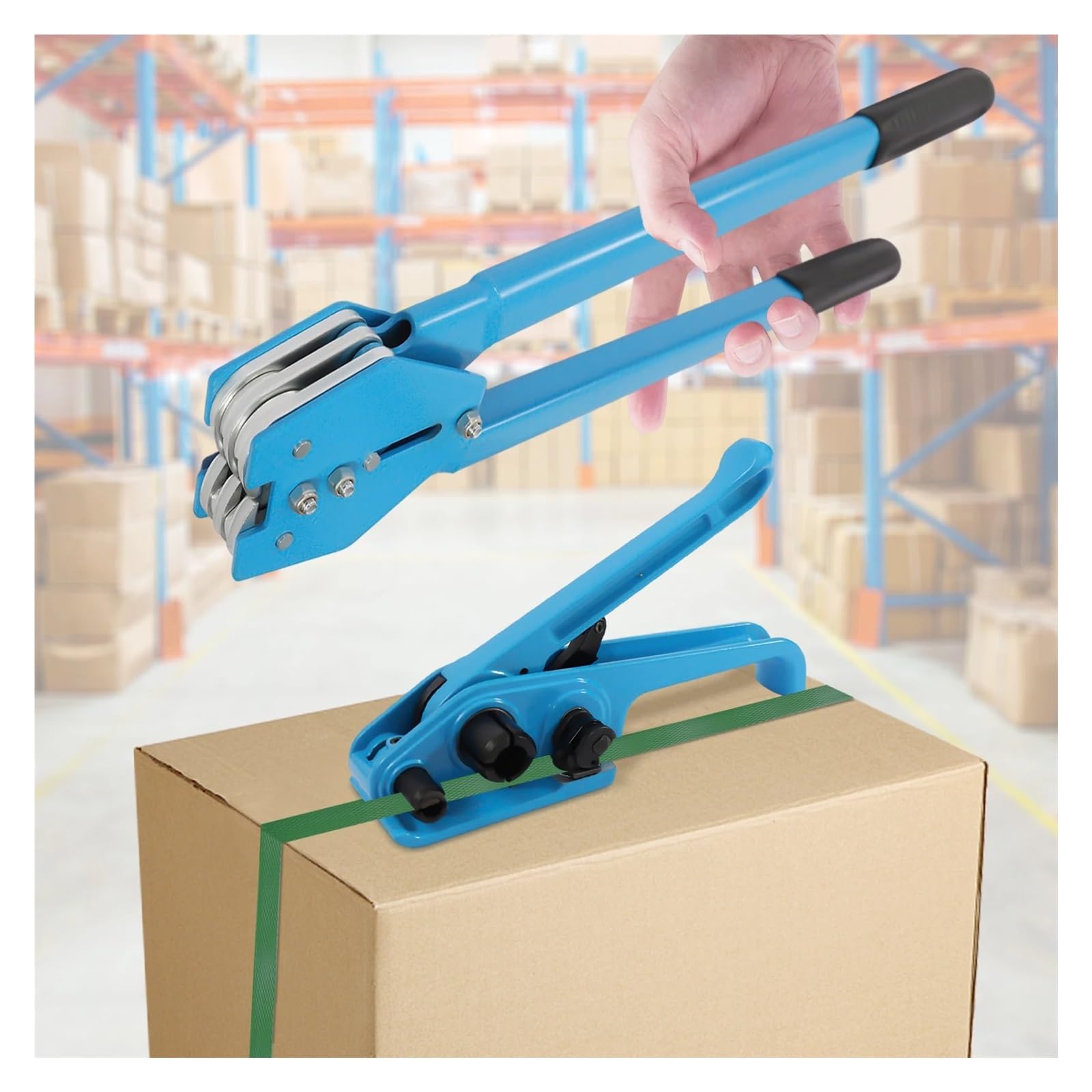 Kit di reggiatura for imballaggio, di tensamento 1000 N, struttura in alluminio pressofuso e acciaio, include guarnizi metalliche, imballaggio in plastica
