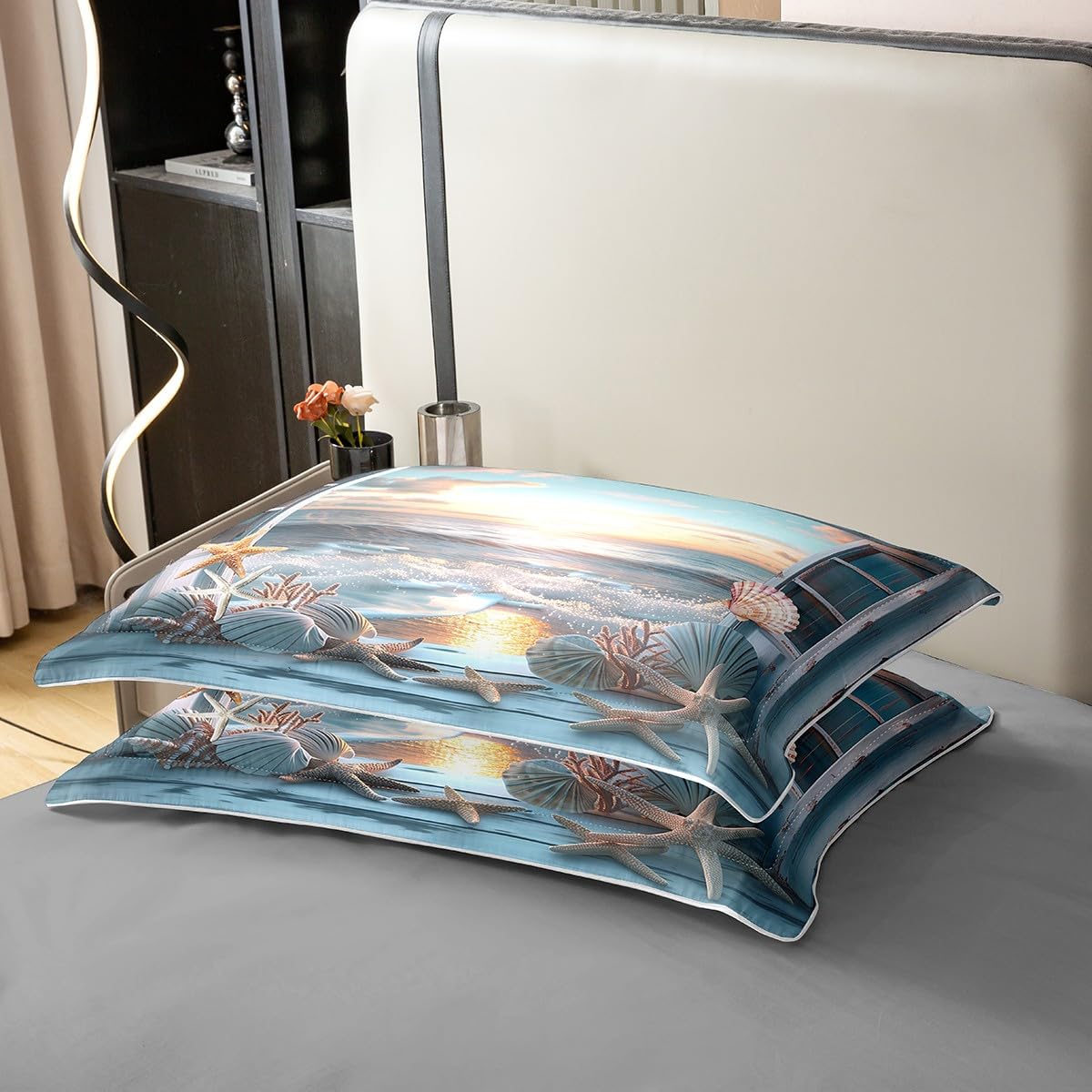 Coton Housse de Couette Océan Parure de Lit 240 x 260 Nuages Coucher de Soleil Vague Couvre Lit pour Amants Garçons Fenêtre en Bois Étoile de Mer Coquille Vie Marine Literie 2 Taies d'oreiller