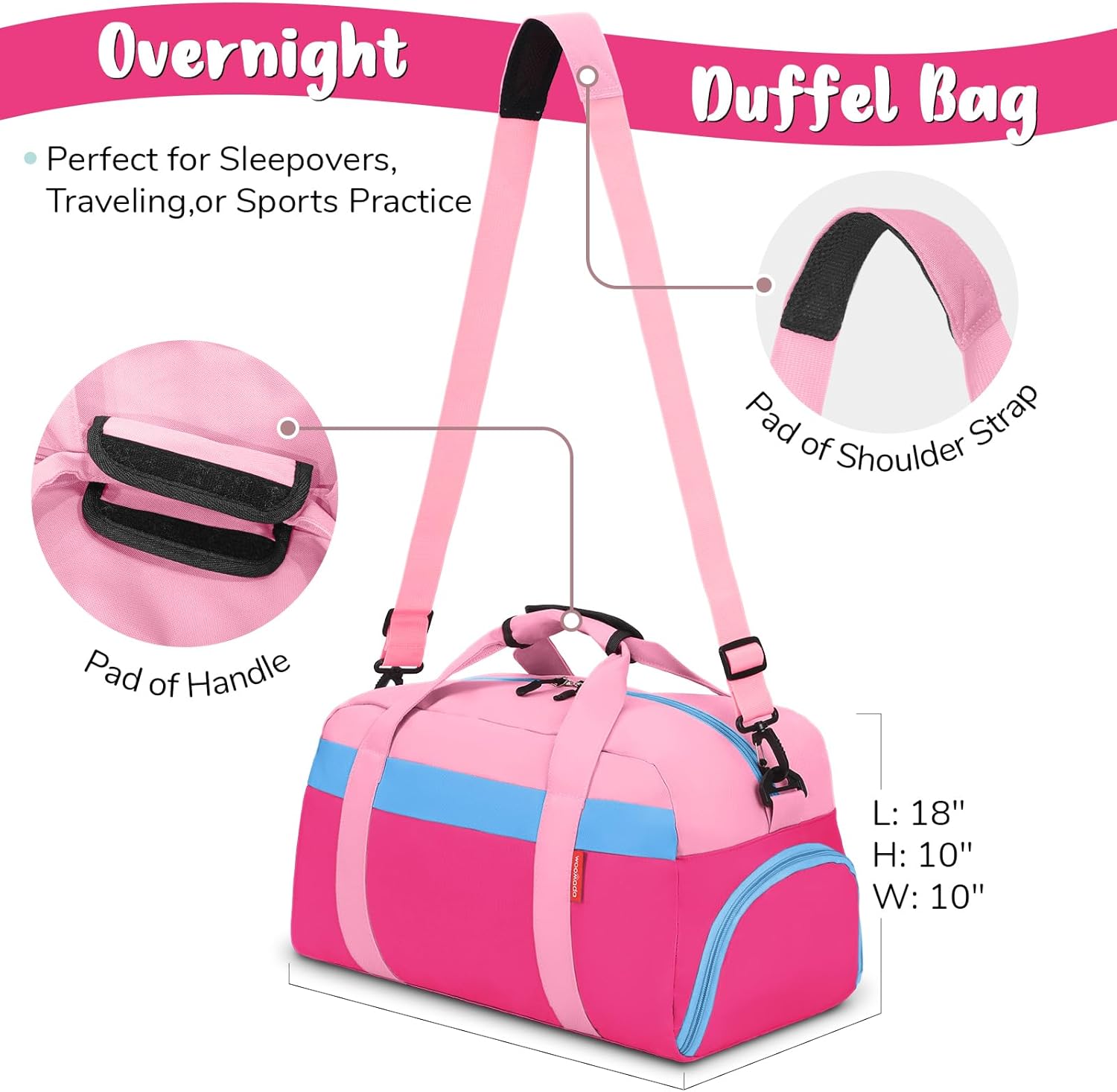 WOOMADA Travel Duffle Bag, Weekend Bag with Wet Pocket & Trolley Sleeve, Overnight Duffel(pink&hot pink)