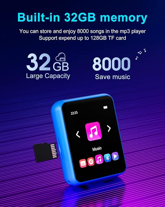 32GB MP3 Player with Bluetooth 5.0, Portable HiFi Lossless Sound MP3 Music Player and FM Radio, Voice Recorder, E-Book, Pedometer, 2.4 Inch Full Touch Screen Sports MP3 Player, Maximum Support 128GB