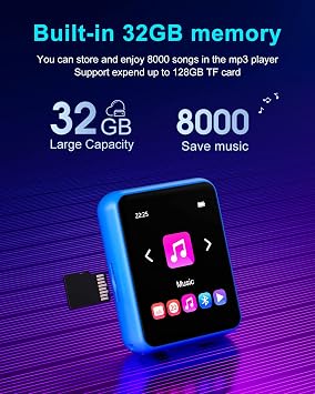 32GB MP3 Player with Bluetooth 5.0, Portable HiFi Lossless Sound MP3 Music Player and FM Radio, Voice Recorder, E-Book, Pedometer, 2.4 Inch Full Touch Screen Sports MP3 Player, Maximum Support 128GB