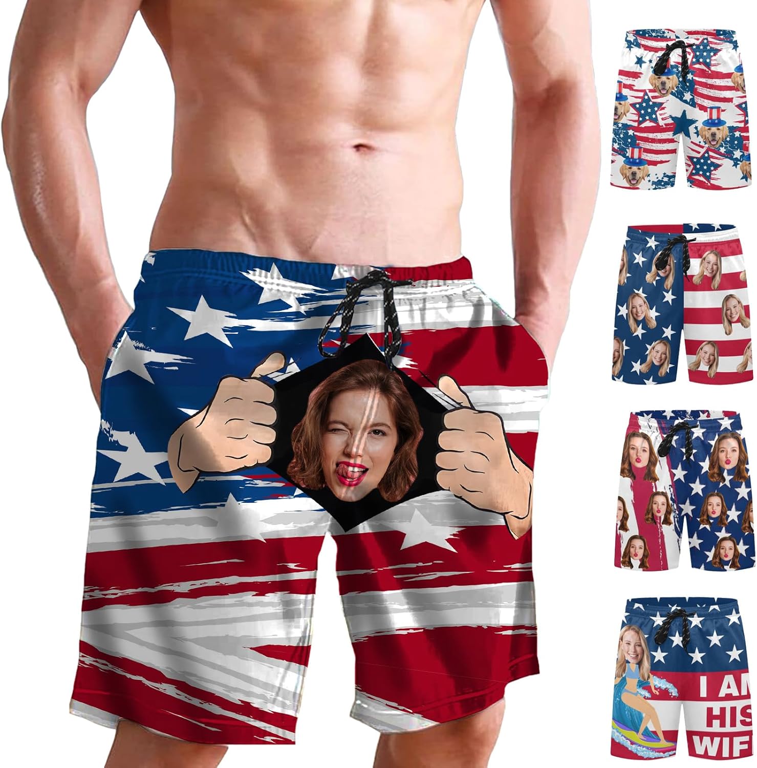 Custom Face Print Men's Swim Shorts Personalized Beach Shorts with Women Face for Men Funny Birthday Gift
