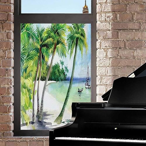 Miniatura 2 de Adhesivos de ventana esmerilados tropicales para ventana, paisaje, playa, barco en orilla, costa de verano, acuarela, arte para ventana, para