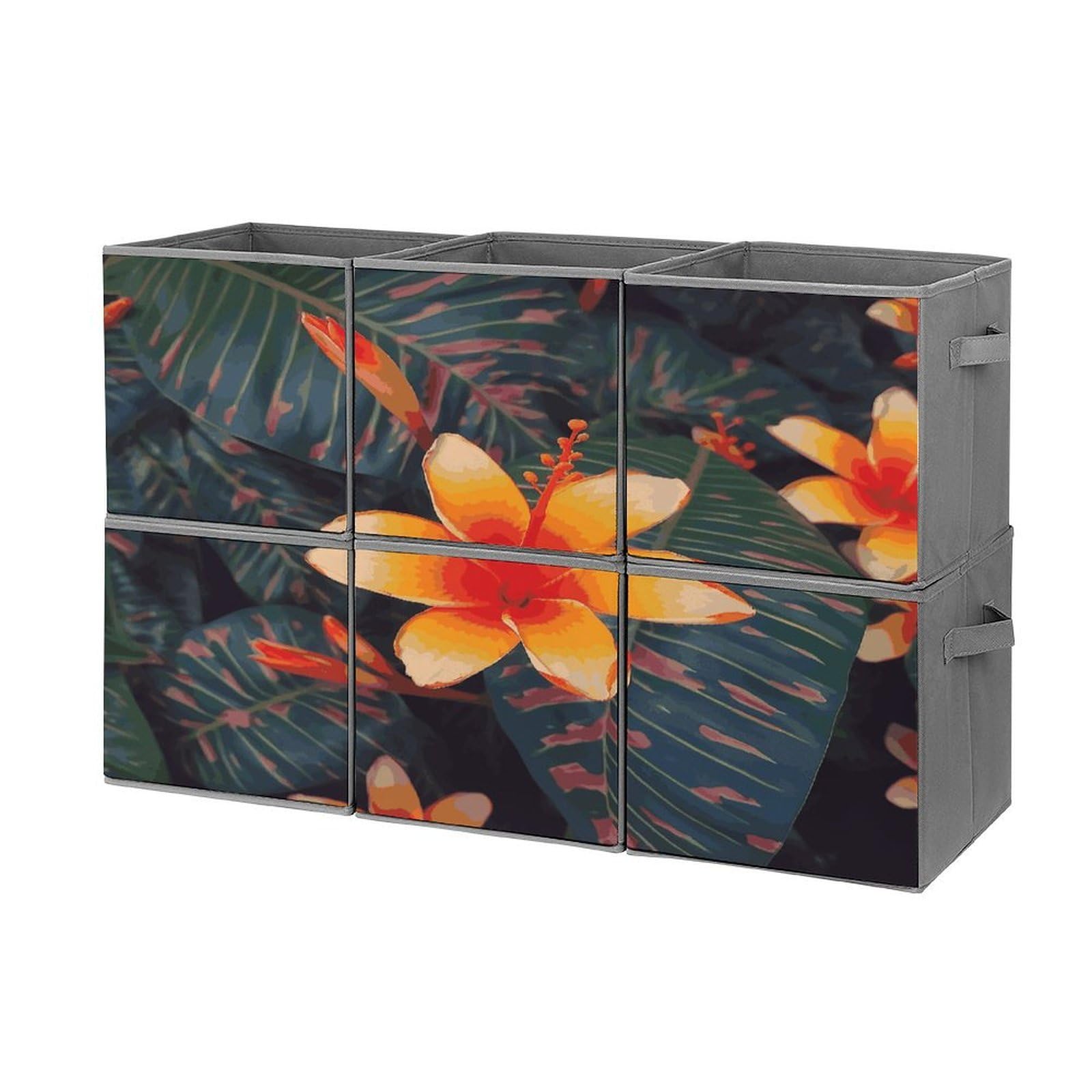Btcowzrv Style Hawaii Tropical Flower Storage Cubes, 6 Pack Oxford Fabric Foldable Collapsible Bins With Handles, Cubby Storage Baskets Boxes For Closet Shelves Office Organization