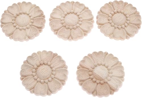 MUXSAM Paquete de 5 calcomanías redondas sin pintar de madera tallada para armario, tocador, cama, muebles, manualidades, decoración (3.15 pulgadas)