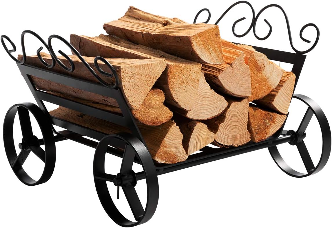 DOEWORKS Fireplace Log Rack Decorative Wheels Fire Wood Carriers Heavy Duty Firewood Holder Stand for Indoor/Outdoor Fire Place