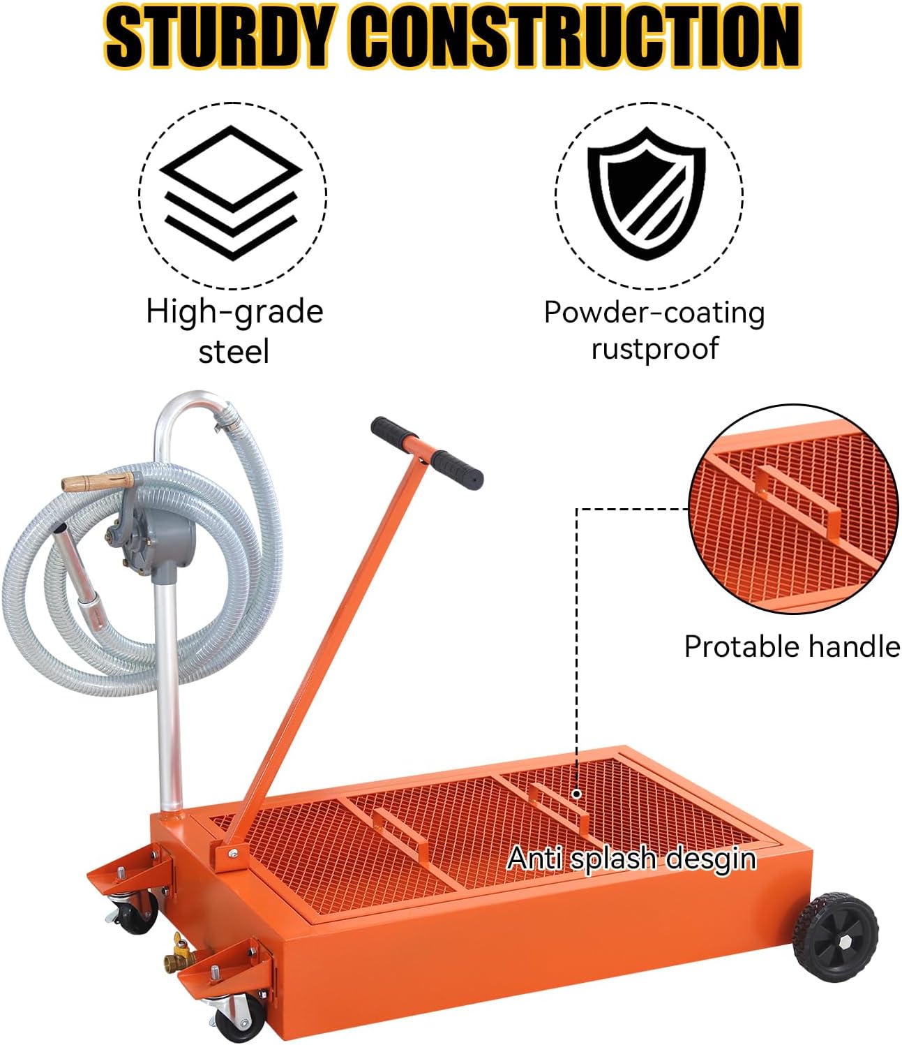 25 Gallon Oil Drain Pan with Pump, 95L Low Profile Oil Drain Pan for Oil Change Pan with Hose & Folding Handle, Portable Heavy Duty Oil Drain Pan on Wheels, Rolling Oil Drain Cart for Truck Bus Car RV