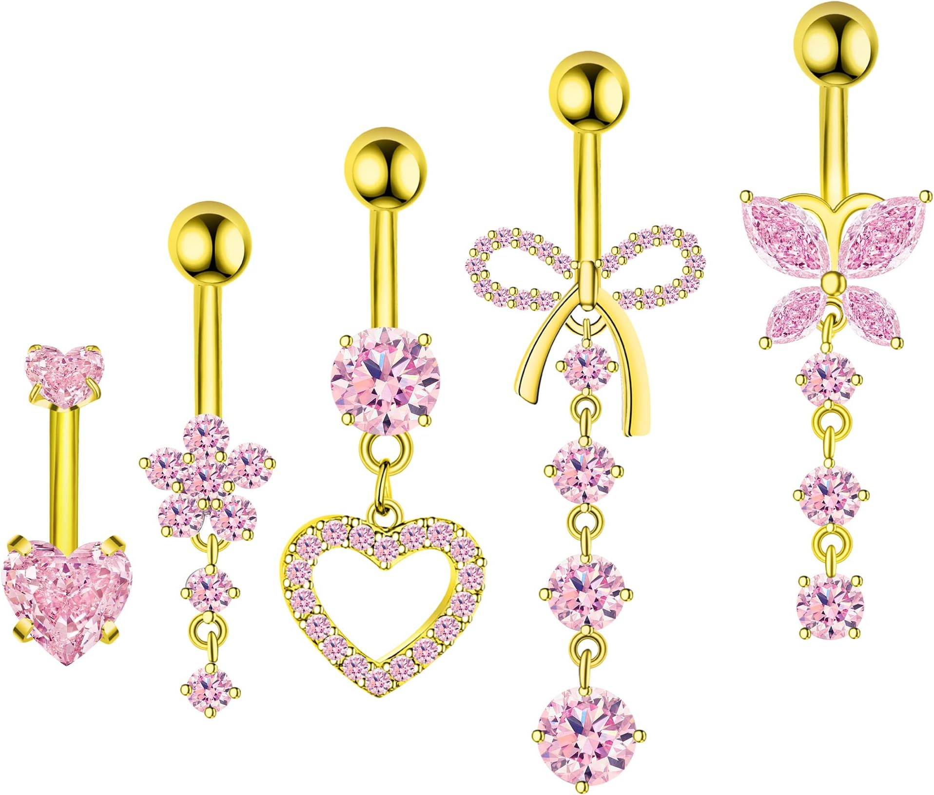 BSJ4U Belly Button Ring Dangle Navel Belly Piercing Jewelry Cute Pink CZ Heart Butterfly Bow Flower Navel Belly Rings for Women 14G Silver Stainless Steel Dainty Dangly Dangling Belly Button Piercing