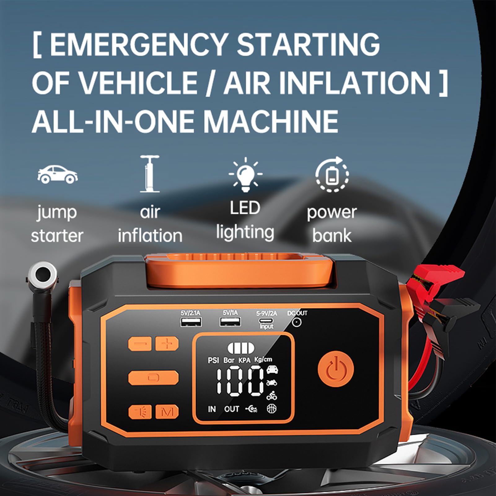 FTVOGUE Arrancador Portátil de BateríA, Compresor de Aire 10000 MAh 600 A Pico, for Arranque de Emergencia y Inflado (Orange)