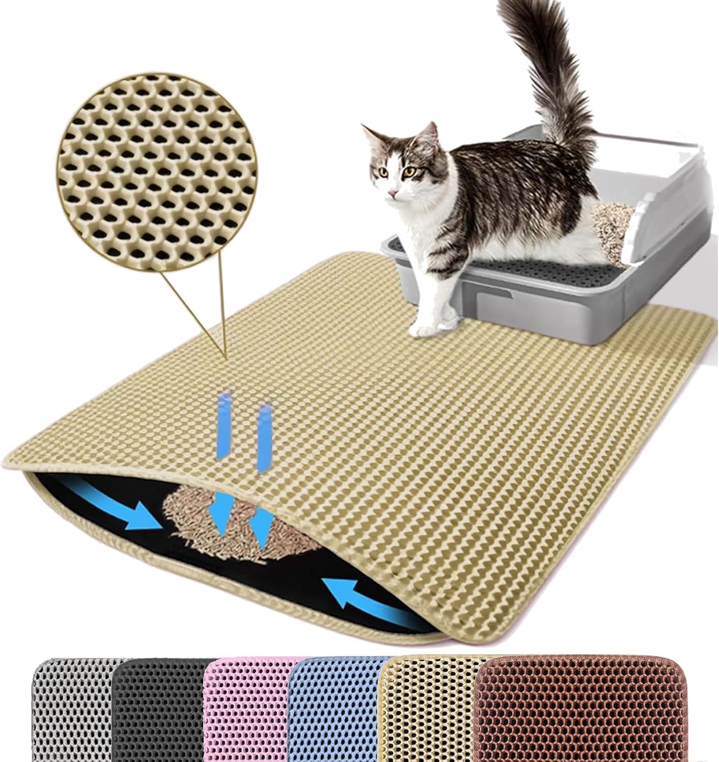 Petinstinct Jumbo Cat Litter Mat, 46x26 Inches Double Layer Honeycomb Litter Trapping Mat, Non Slip Waterproof Urine Proof Extra Large Cat Litter Box