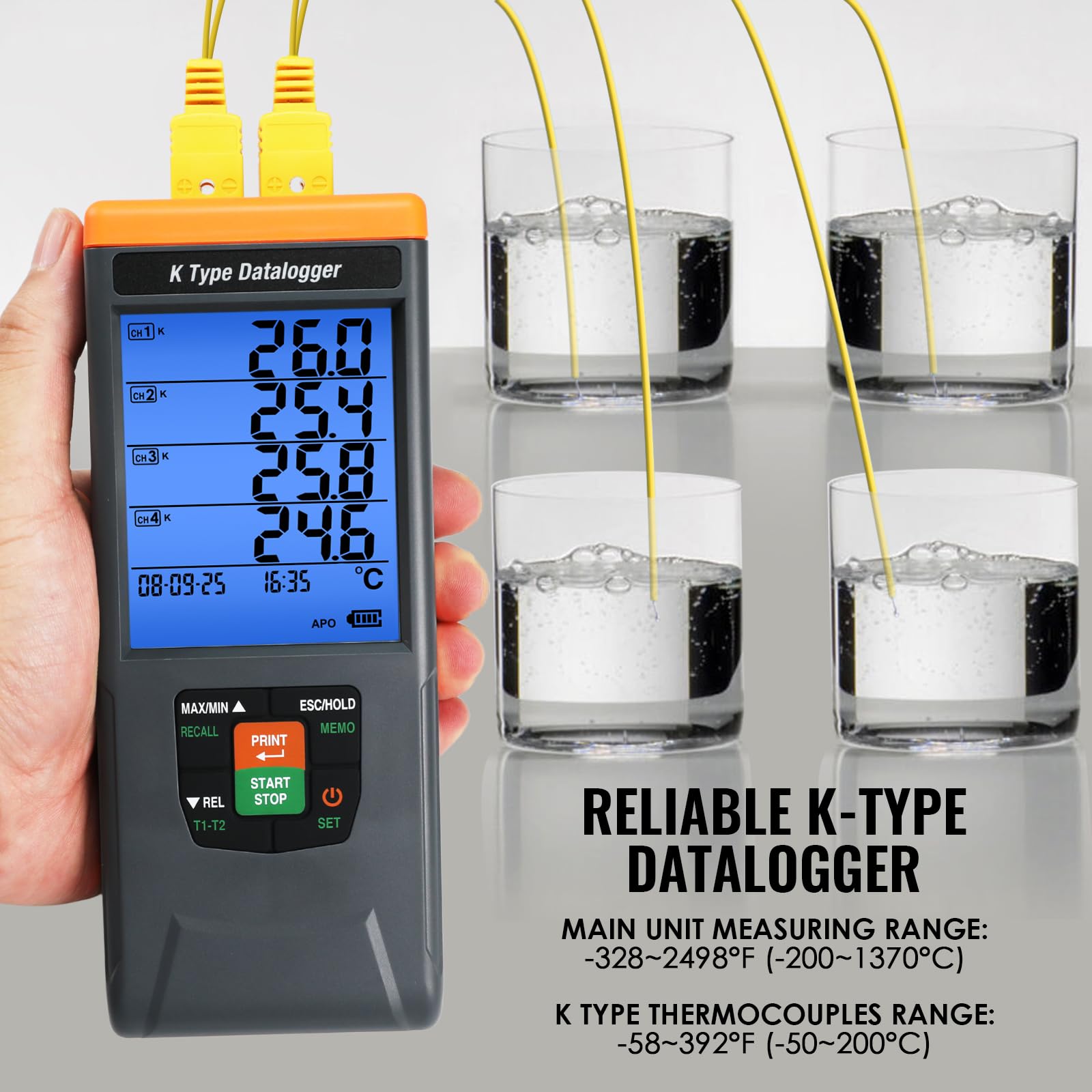 4-kanałowy termometr cyfrowy z termoparą typu K, rejestrator (-200°C ~ 1370°C), 48 000 danych, alarmy, podświetlany wyświetlacz LCD, do laboratorium, HVAC, przemysłu badawczego.
