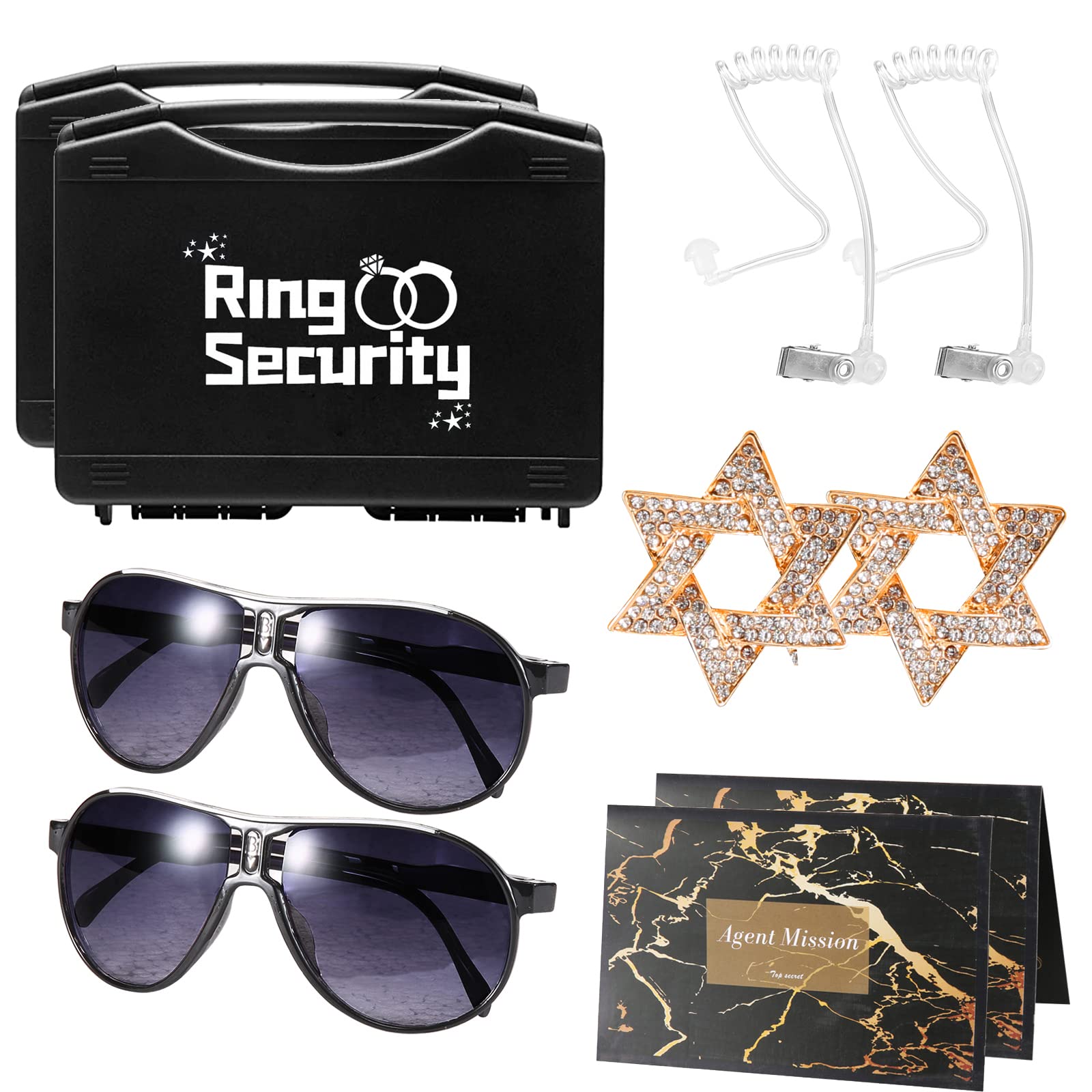 Wedding Ring Bearer Gifts Set, Ring Security Box with Spy Ear Piece,  Exclusive badge, Black sunglasses, Task card