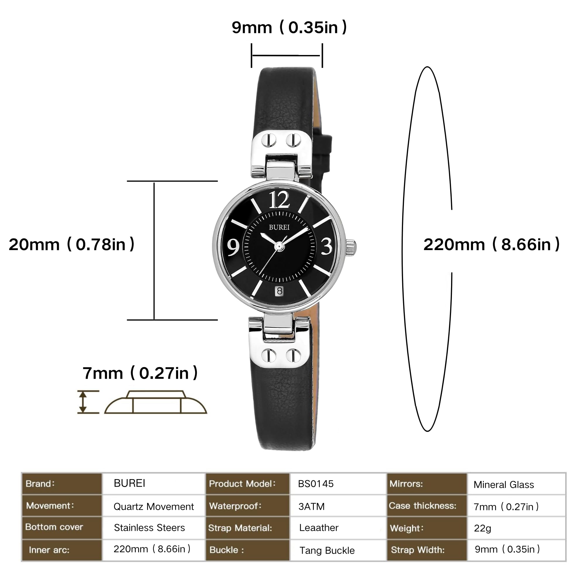 BUREI Orologio al quarzo da donna, 25 mm, quadrante piccolo ed elegante con cinturino in pelle, minimalista, leggero, casual, regalo per la festa della mamma, nero-argento-nero-argento, Casual Nicchia