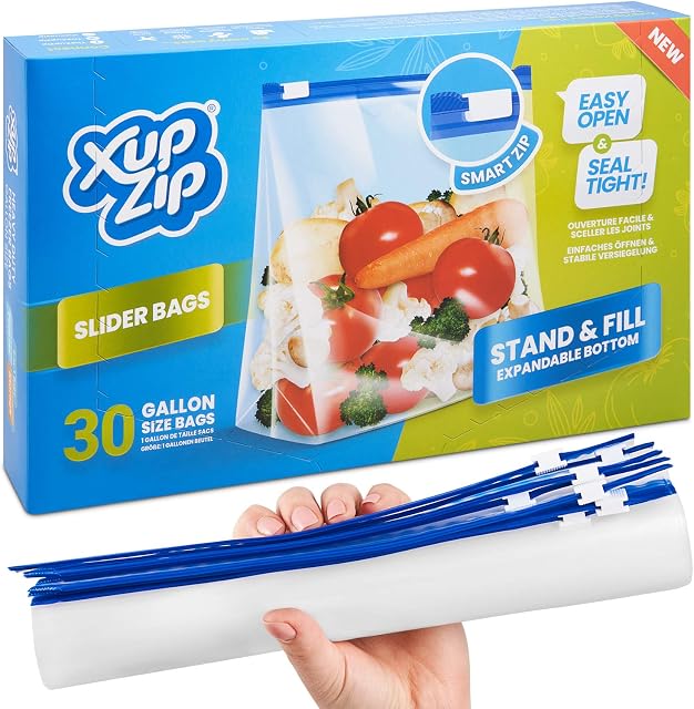 Food Storage Freezer Bags by XupZip | Heavy Duty Slider Ziplock Bags | Airtight Smart Zip Bags with Expandable Bottom | Stand and Fill BPA Free Food Storage Bags  30 x Gallon Food Bags (4.55L)
