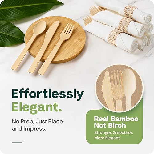 Miniatura 4 de Juego de platos de bambú de hoja de palma y cubiertos de bambú preenrollados, platos compostables de 10 y 7 pulgadas, elegantes utensilios