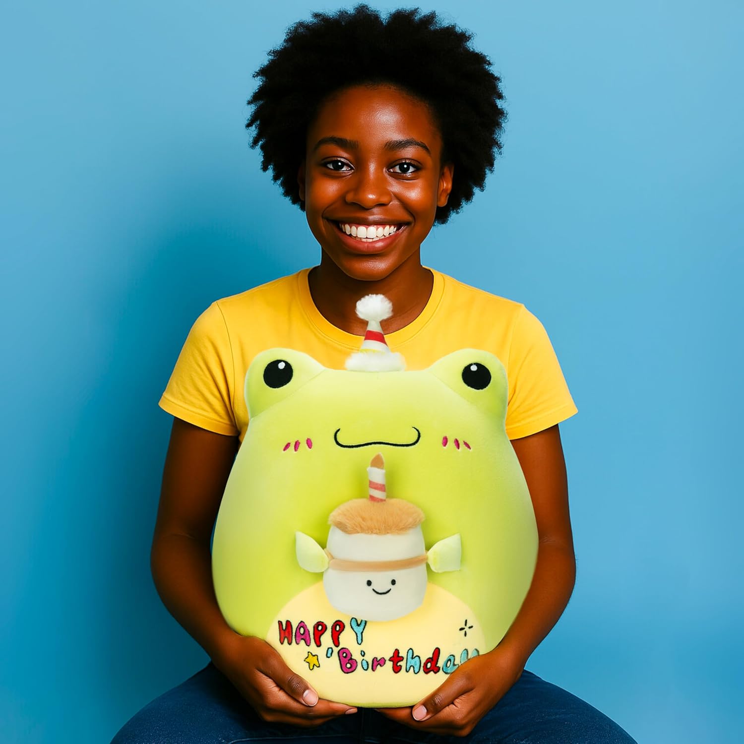 Original 14-inch Large Happy Birthday Frog Plush Pillow Stuffed Animal Toy,Big Size Cute Soft Toys Fat Kawaii Cuddle Huggable Plushie,Gift for Kids - Image 3