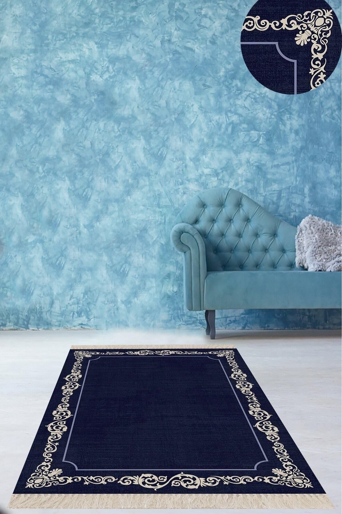 Pelangi Osmanlı Motif Çerçeveli Dijital Baskı Yıkanabilir Kaymaz Taban Düz Salon Halı Ve Yolluk, Lacivert 160 x 160