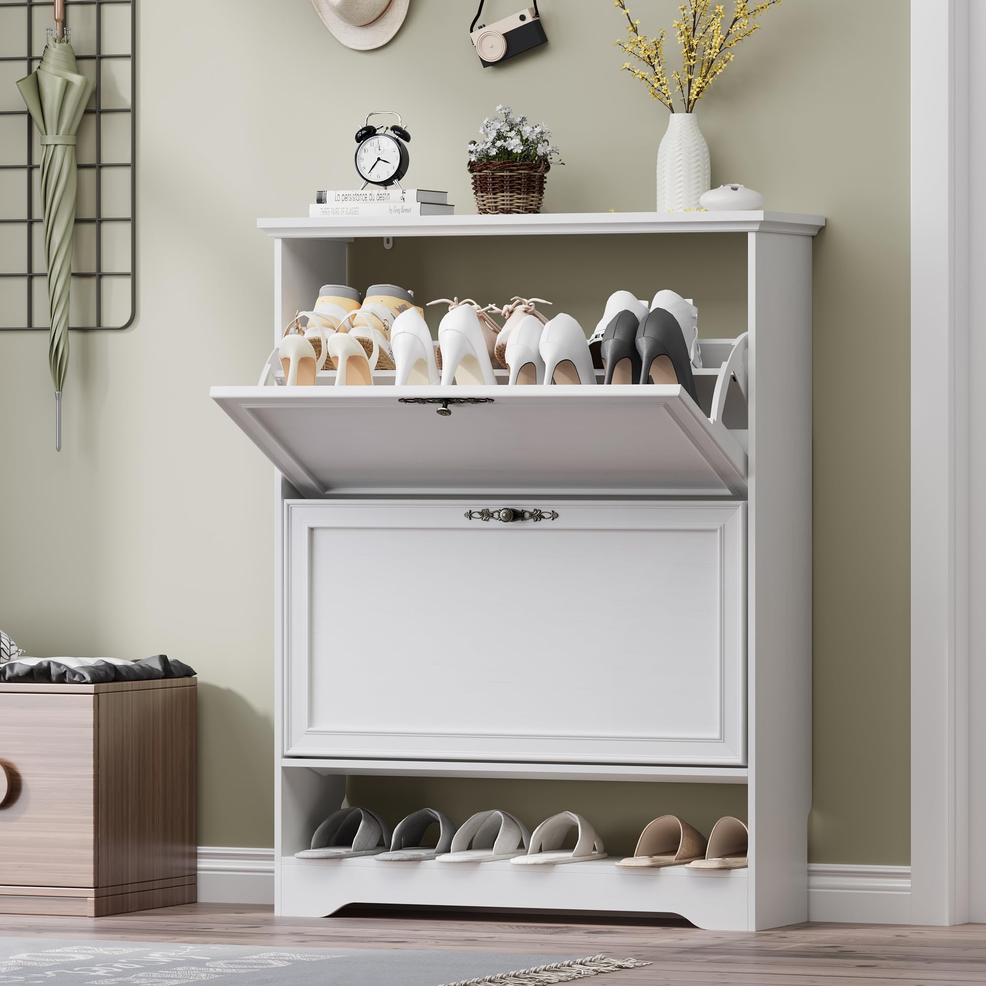 BORNOON Shoe Cabinet for Entryway, Slim Shoe Storage Cabinet with Adjustable Shelves, Wooden Rack and Organizer for Small Spaces, Closet, Foyer,