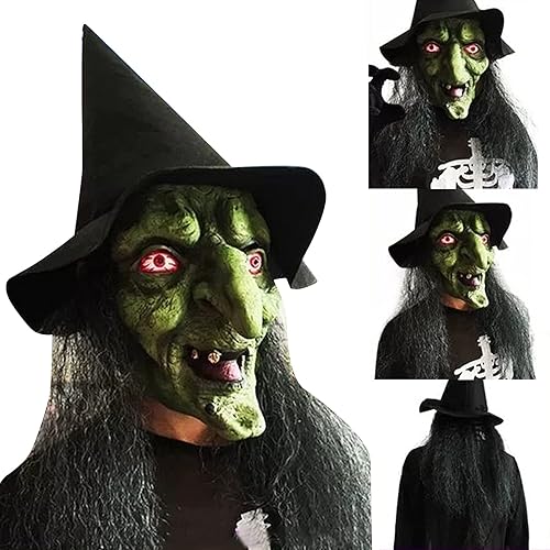 Miniatura 5 de Máscara de bruja de látex con cabello negro y sombrero, máscara de cara completa de Halloween, disfraz de bruja vieja verde para disfraz de bruja