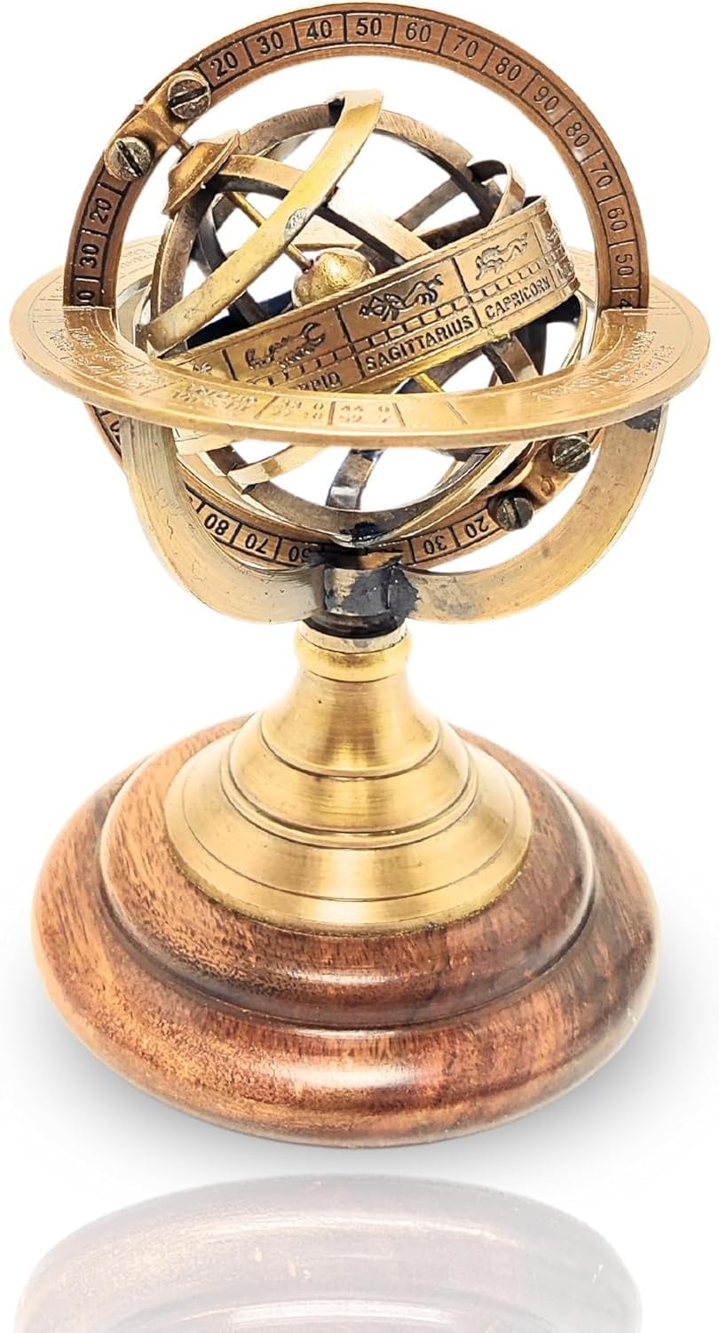 Mini Brass Armillary Sphere with Wooden Base – Handcrafted Celestial Globe | Vintage Zodiac Astronomical Model | Small Desk Decor | Antique Finish Collectible