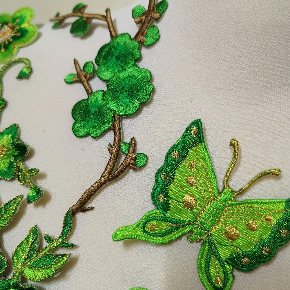 7pcs Big Flower Iron on Embroidered Appliques Patch Embroidered Lace Fabric Ribbon Trim Neckline Collar (Green)