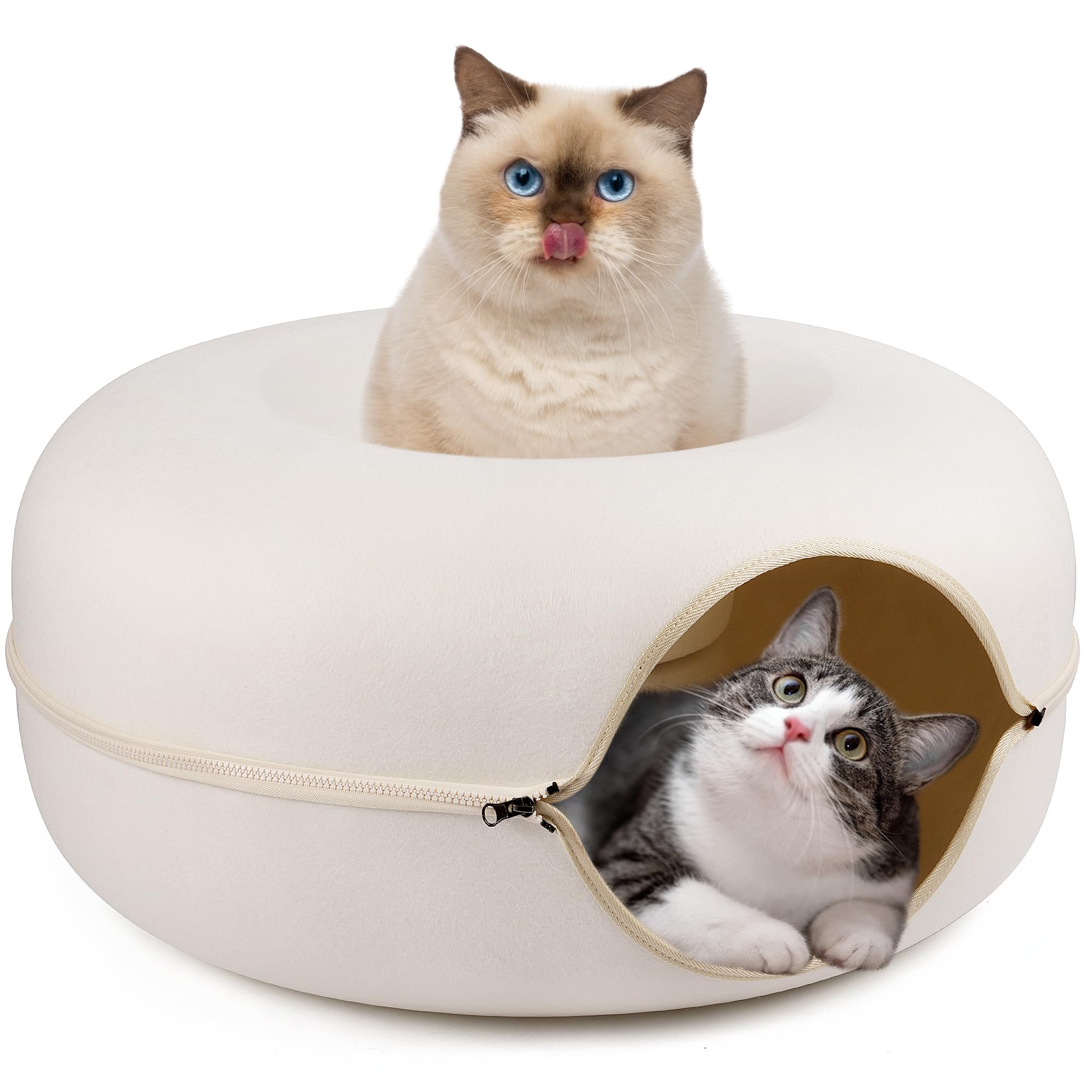 MOMOGA Cat Tunnel Bed Peekaboo Cat Cave for Multiple Cats & Large Cats, Scratch Resistant & Washable & Detachable Round Felt Cat Donut Tunnel for Cats up to 24 Lbs, 24" x 24" x 11", Off-White