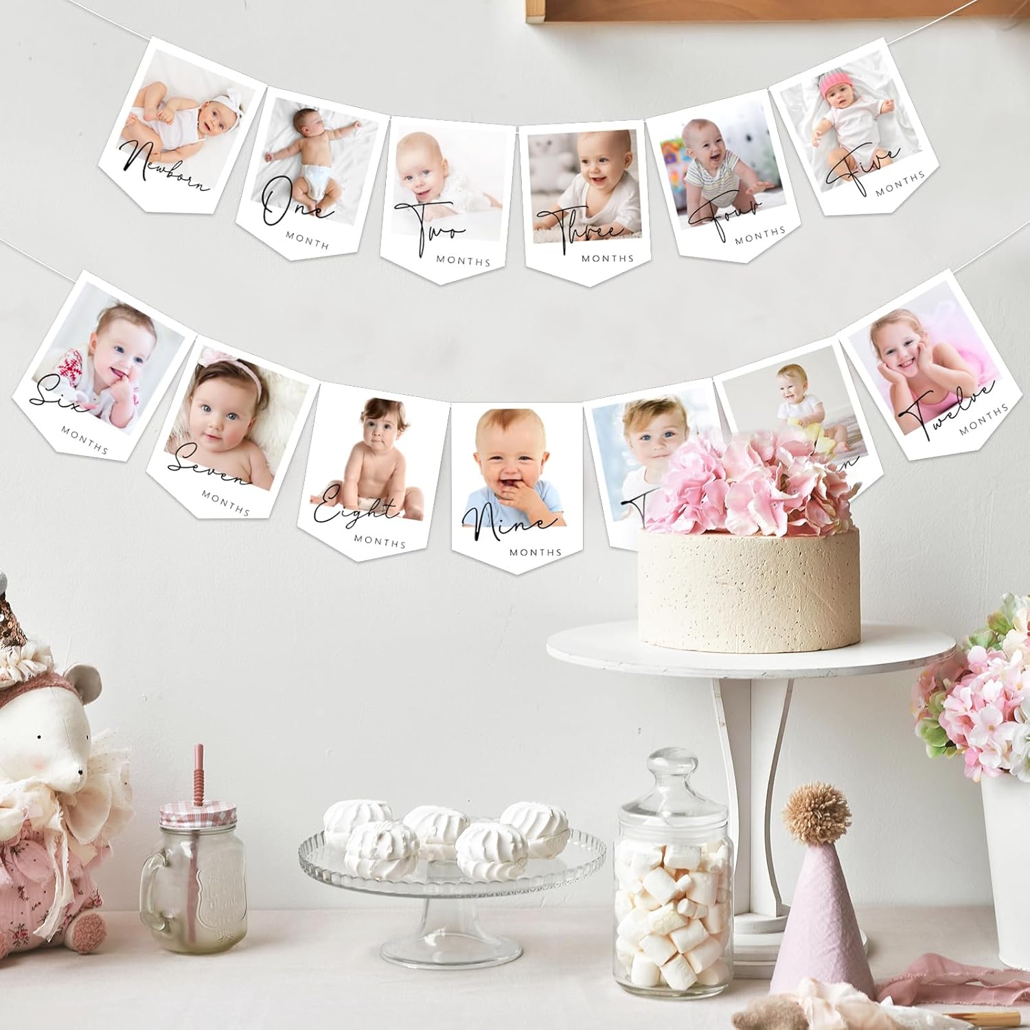 JarThenaAMCS 2Pcs 1st Birthday Baby Photo Banner for Newborn to 12 Months Monthly Milestone Photograph Bunting Garland Gender Neutral Picture Display Garlands for One Year Old Celebration Decor - Image 5