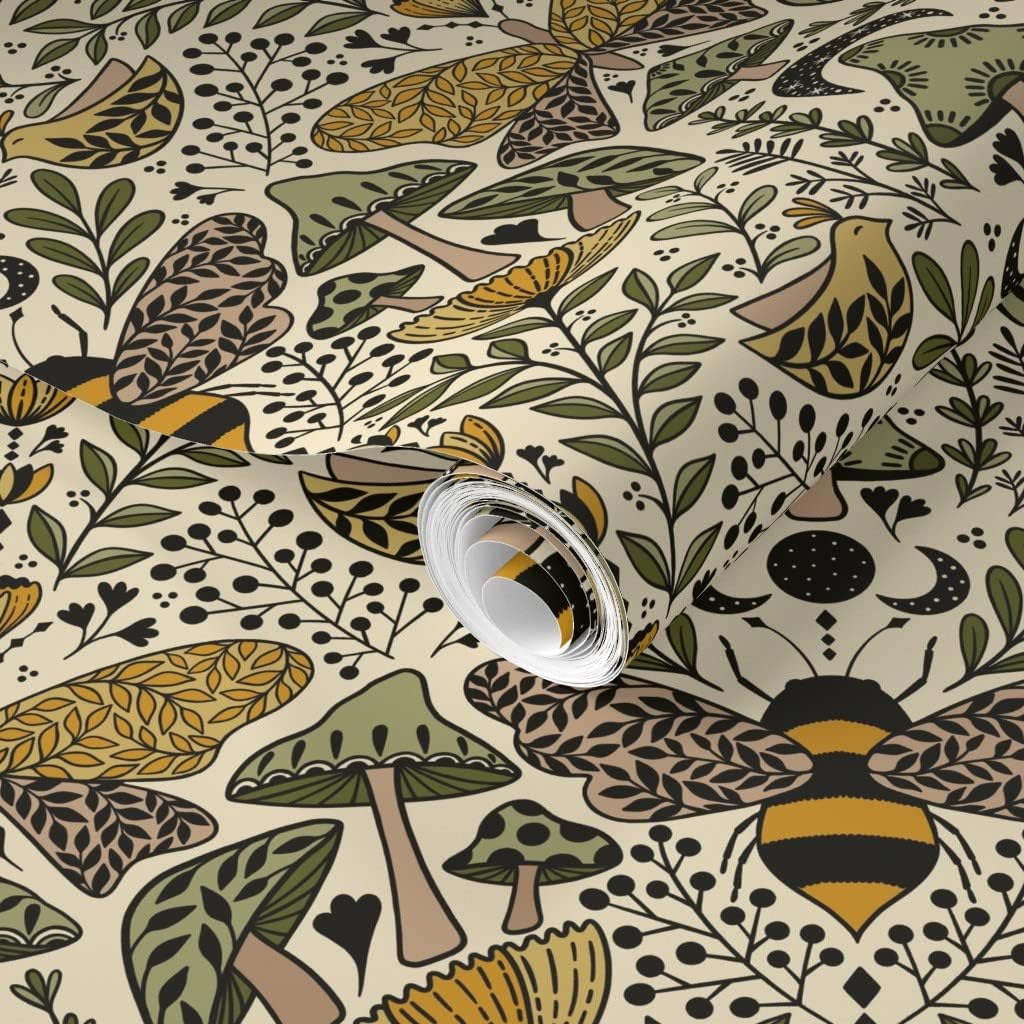 Removable Wallpaper 6ft x 2ft - Mushroom Botanical Art Nouveau Medium Scale Natural Habitat Bees and Moths Wildflowers Custom Pre-Pasted Wallpaper by Spoonflower
