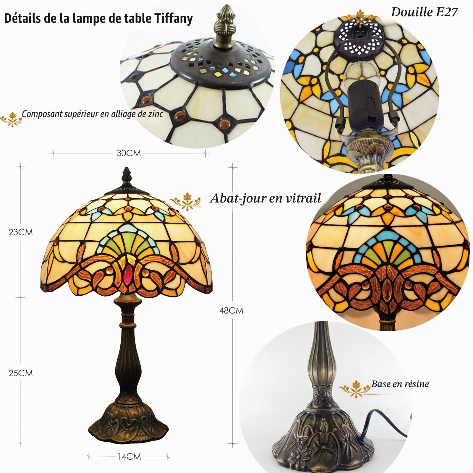 Lampe de table de 12 pouces Série baroque Abat-jour en verre teinté Lampe de chevet de style Tiffany Lecture Lampe de bureau antique Salon Chambre Bureau Vintage Art Déco Victorien