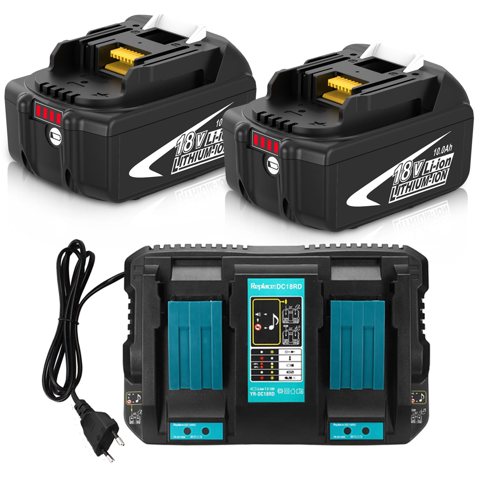 Pack de 2X10.0Ah de Rechange pour Makita Batterie 18V BL1860B + Chargeur à Double Port DC18RD Compatible Outils sans Fil LXT DHP485 DTD154 DHS68-Haute Autonomie pour Chantier/Jardin