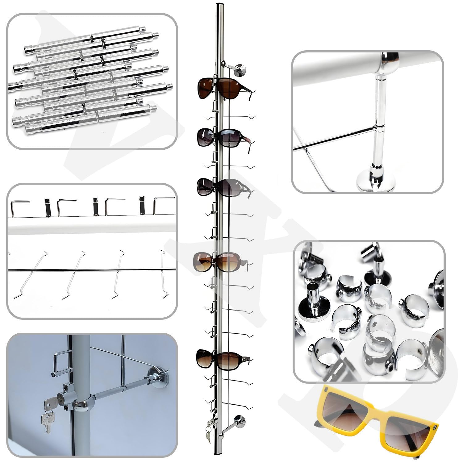 Soporte de exhibición de gafas de sol de aluminio con cerradura, solución segura de almacenamiento para el hogar y venta al por menor para múltiples marcos