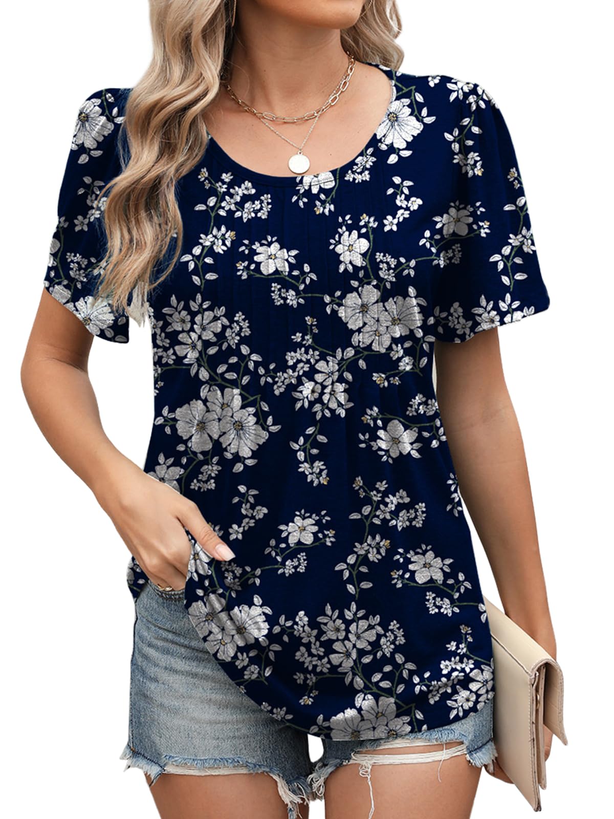 Chemisier Femme Manches Courtes Imprimé Fleuri - Blouse Fleurie Col Rond et Tunique Chic pour Été | Haut Femme Fluide pour Campus et Bureau