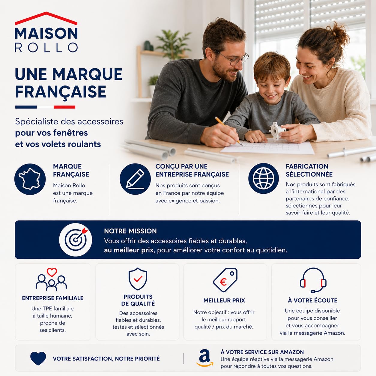 Manivela de persiana enrollable 100 cm – Manivela completa de acero lacado blanco Ø12 mm con mango ergonómico y soporte de pared – Maison Rollo