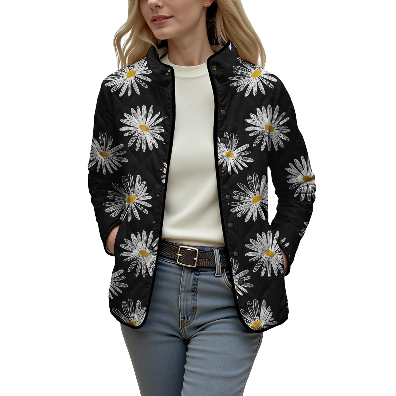 Quilted Jackets for Women Lightweight Button Down Puffer Jacket Trendy Daisy Print Fall Winter Coat with Pockets