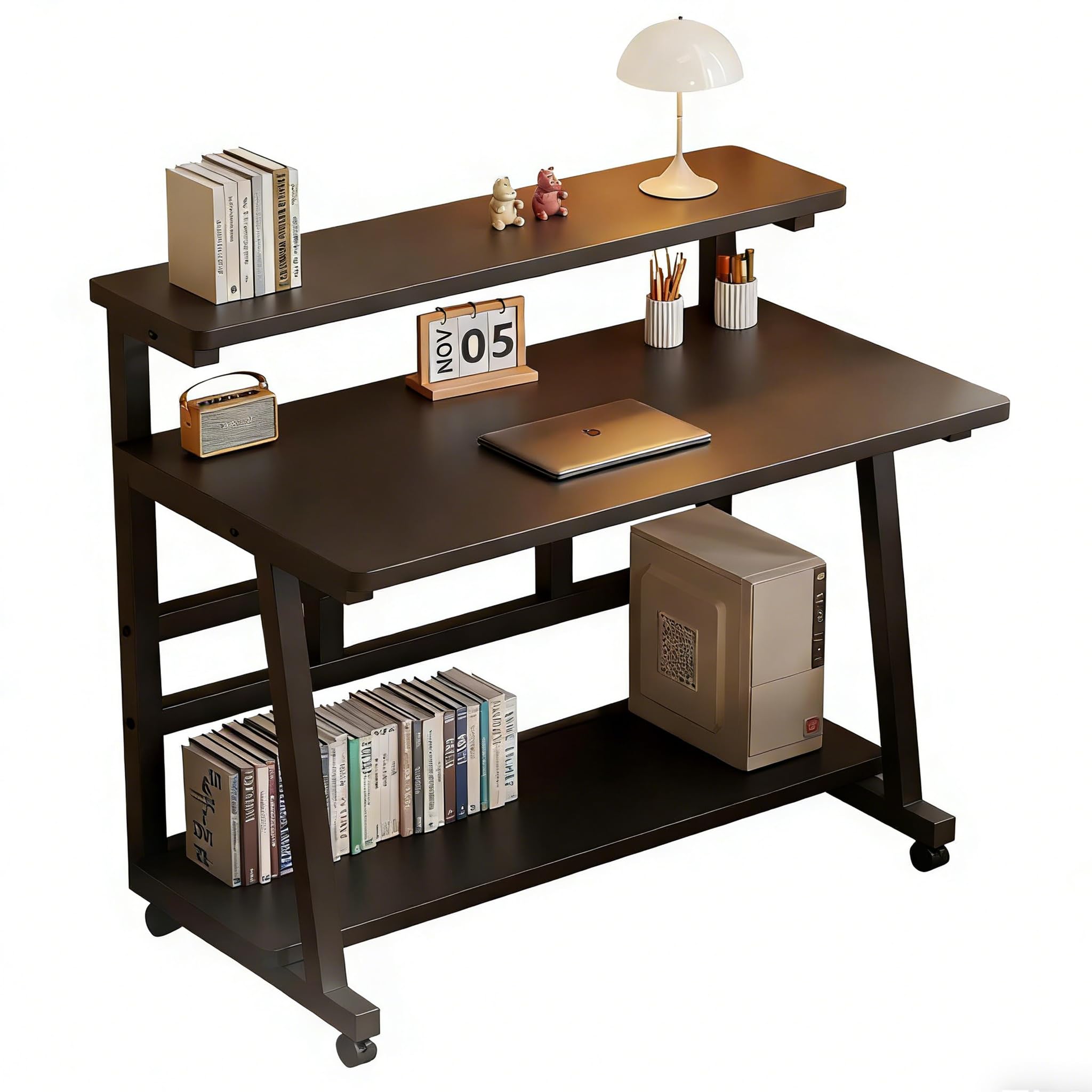 Mrsanmu 31.5" Computer Desk for Small Spaces,Portable Standing Desk with 3-Layer Storage & Monitor Stand, Home Office Small Table with Wheels, Rolling