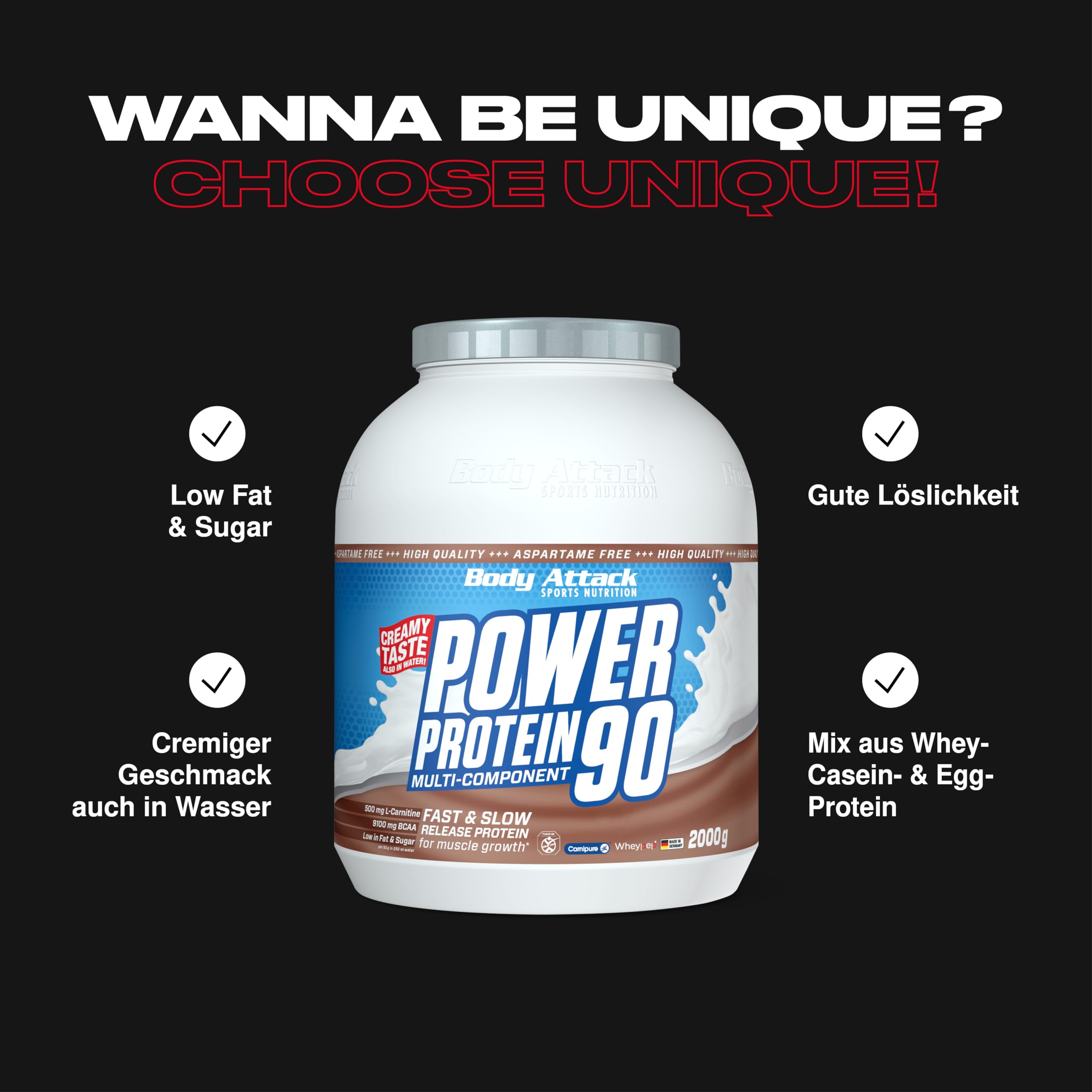 Body Attack Power Protein 90, Biscotto al burro, 2 kg, 5K proteine in polvere con proteine del siero di latte, L-carnitina e BCAA per la costruzione muscolare e il fitness